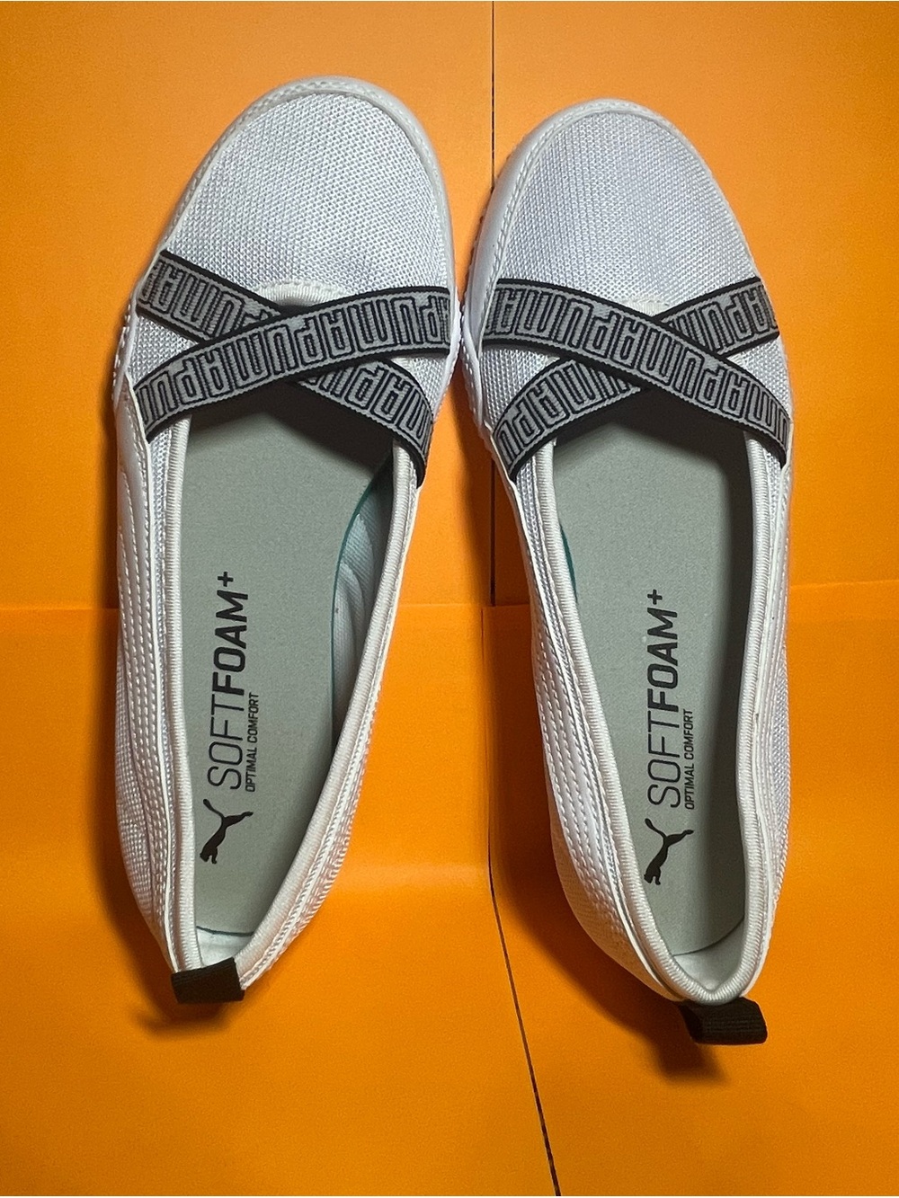 Puma White Slip-On SoftFoam+ Ballet Flat with Black Logo Straps